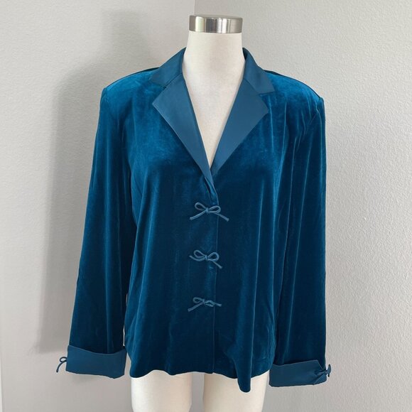 NEW Coldwater Creek Womens 14 Satin Bow Velvet Jacket Teal Blue Shoulder Pads - Picture 1 of 10